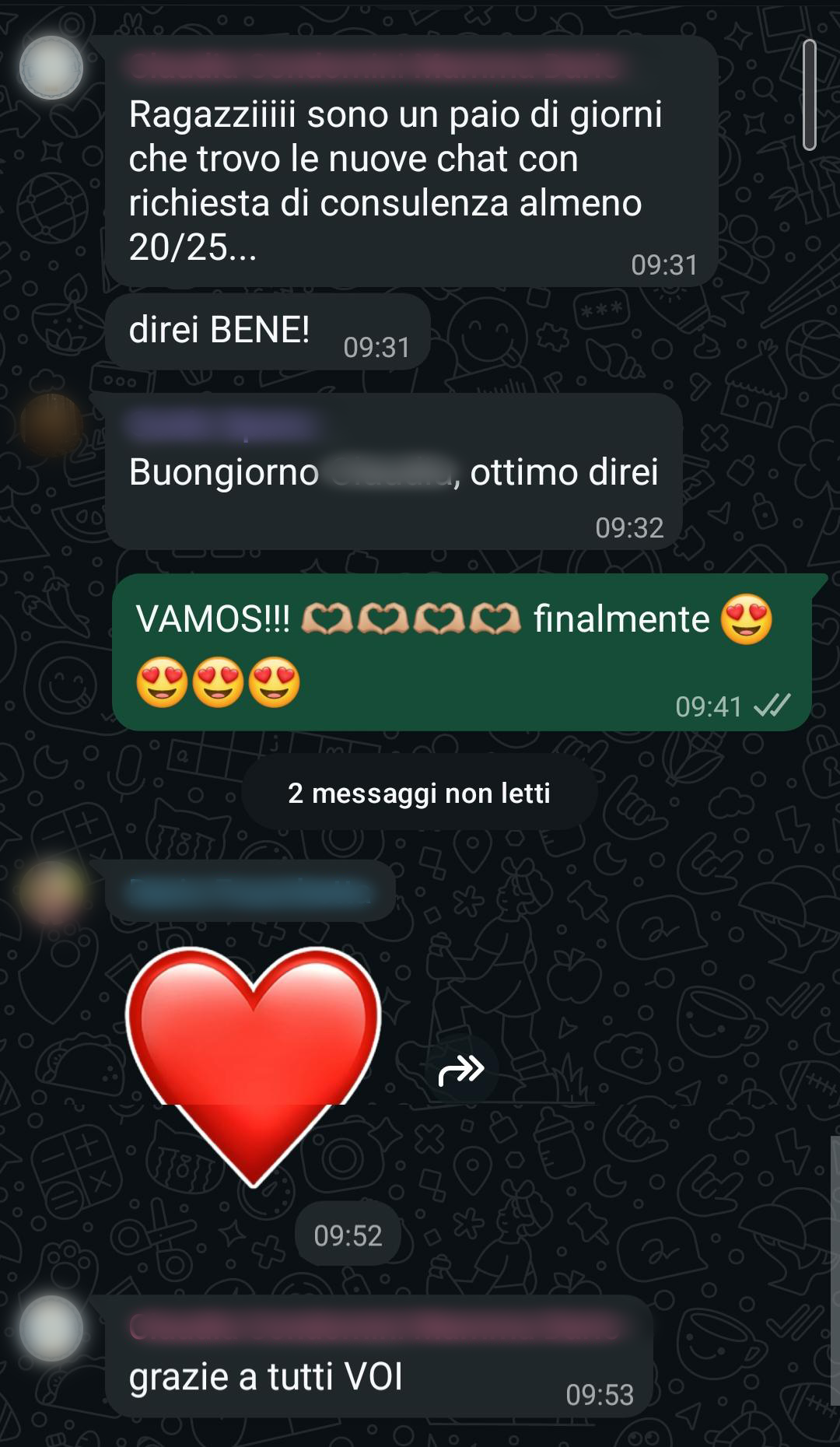 Messaggio WhatsApp di un cliente della consulenza che commenta l'andamento delle campagne