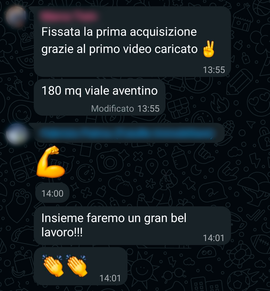 Messaggio WhatsApp di un cliente del settore immobiliare che segnala un immobile di 180 mq a viale Aventino e scrive: insieme faremo un gran bel lavoro