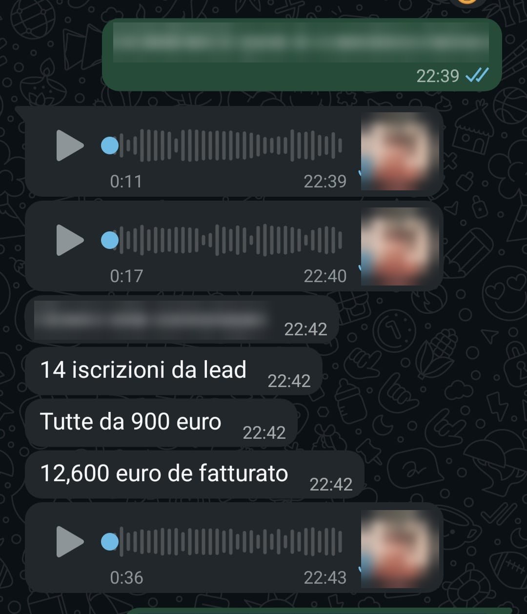 Messaggio WhatsApp di un cliente del fitness: quattordici iscrizioni arrivate dai lead, tutte da 900 euro, per 12.600 euro di fatturato